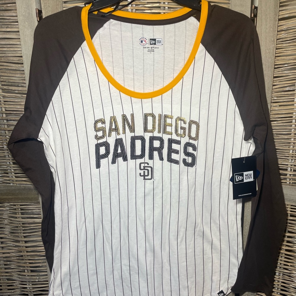 NWT New Era Padres Pinstripe Glitter Shirt with Brown Long Sleeves - size L
